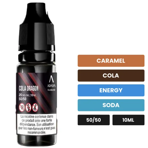 E-liquide Cola Dragon d'Adalya, 10 ml, saveurs caramel, cola, energy et 2 autres.