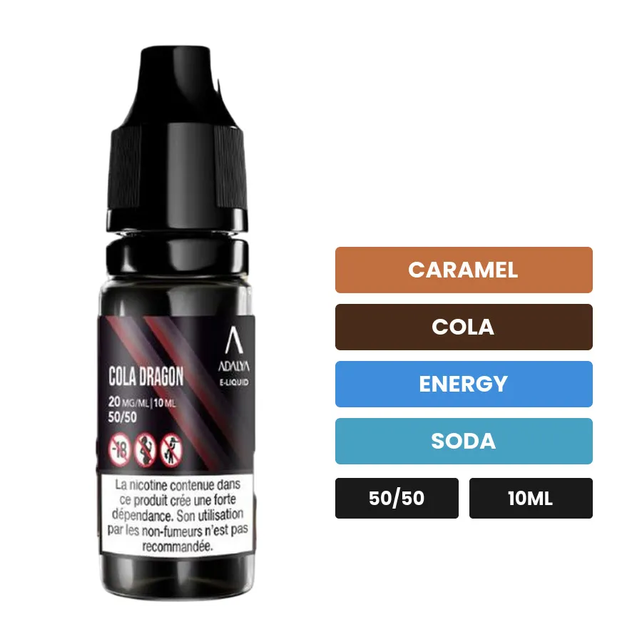 E-liquide Cola Dragon d'Adalya, 10 ml, saveurs caramel, cola, energy et 2 autres.