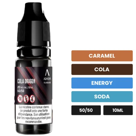 E-liquide Cola Dragon d'Adalya, 10 ml, saveurs caramel, cola, energy et 2 autres.