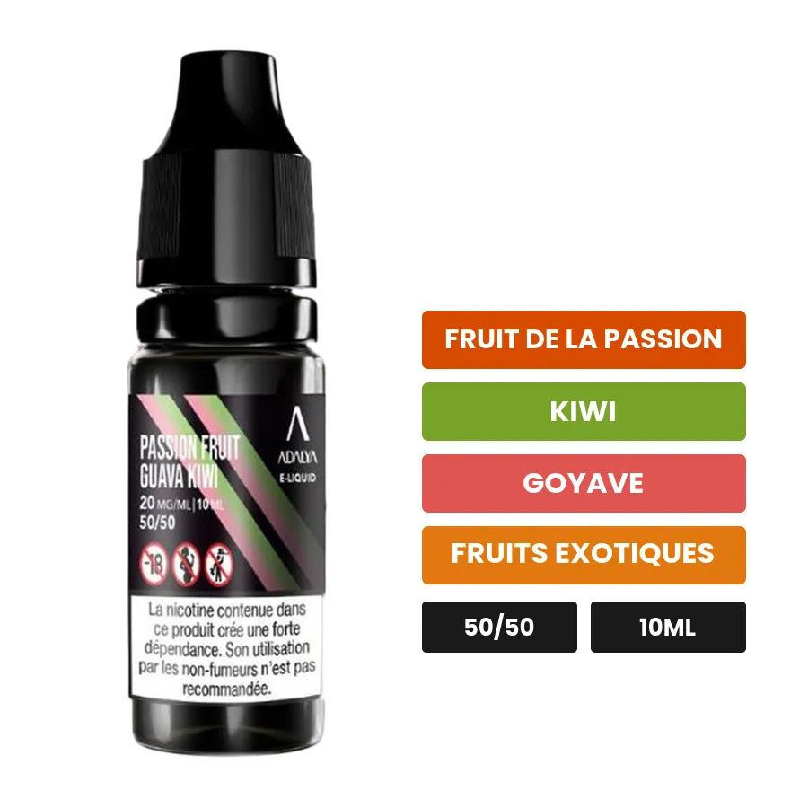 E-liquide Passion Fruit Guava Kiwi d'Adalya, 10 ml, saveurs fruit de la passion, kiwi, goyave et 1 autre.