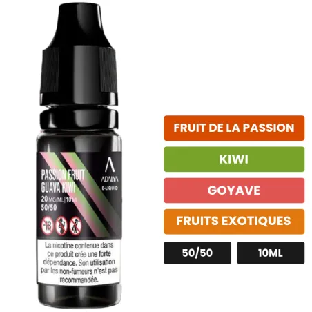 E-liquide Passion Fruit Guava Kiwi d'Adalya, 10 ml, saveurs fruit de la passion, kiwi, goyave et 1 autre.