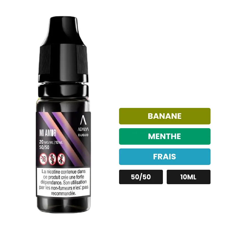 E-liquide Mi Amor d'Adalya, 10 ml, saveurs banane, menthe et frais.