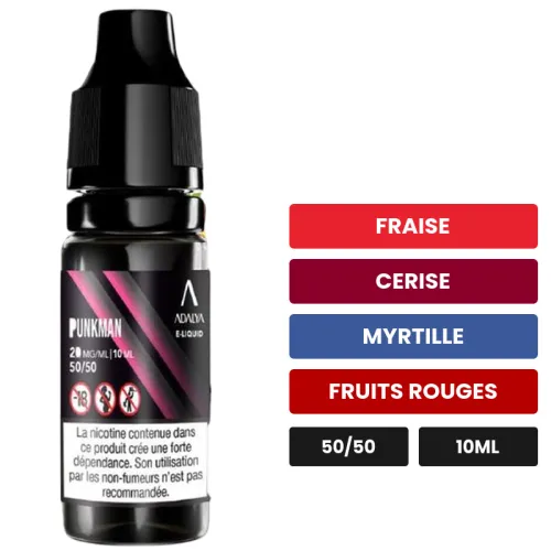 E-liquide Punkman d'Adalya, 10 ml, saveurs fraise, cerise, myrtille et 1 autre.