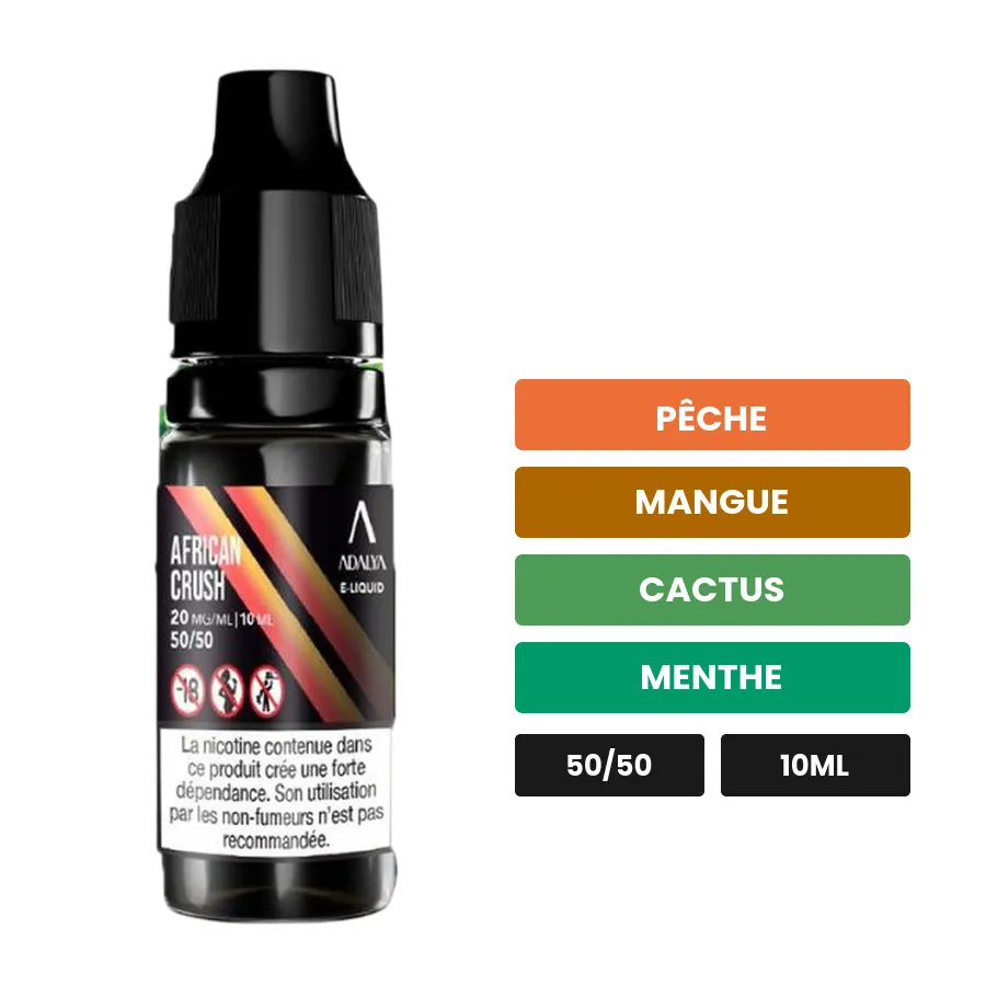 E-liquide African Crush d'Adalya, 10 ml, saveurs pêche, mangue, cactus et 5 autres.