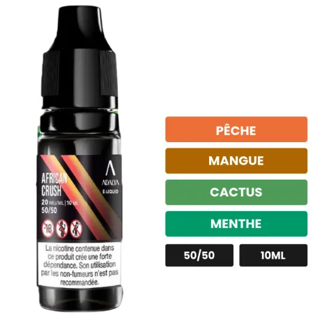 E-liquide African Crush d'Adalya, 10 ml, saveurs pêche, mangue, cactus et 5 autres.
