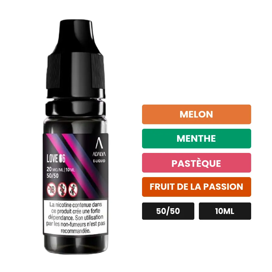 E-liquide Love 66 d'Adalya, 10 ml, saveurs melon, menthe, pastèque et 1 autre.
