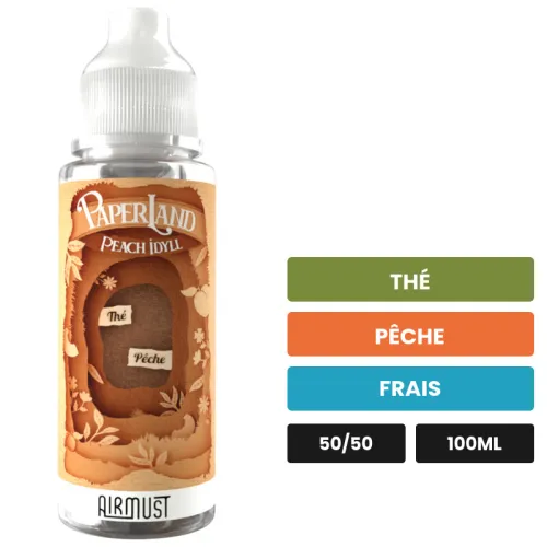 E-liquide Peach Idyll d'Airmust, 100 ml, saveurs thé, pêche et frais.