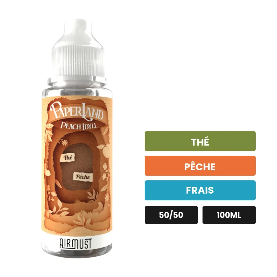 E-liquide Peach Idyll d'Airmust, 100 ml, saveurs thé, pêche et frais.