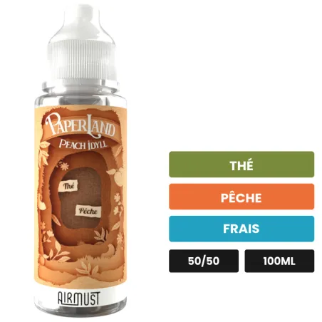 E-liquide Peach Idyll d'Airmust, 100 ml, saveurs thé, pêche et frais.