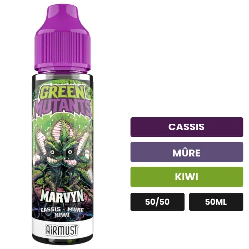 E-liquide Marvyn d'Airmust, 50 ml, saveurs cassis, mûre et kiwi.