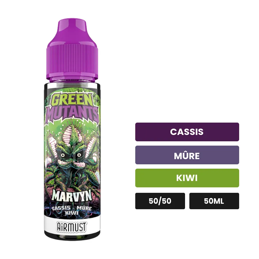 E-liquide Marvyn d'Airmust, 50 ml, saveurs cassis, mûre et kiwi.