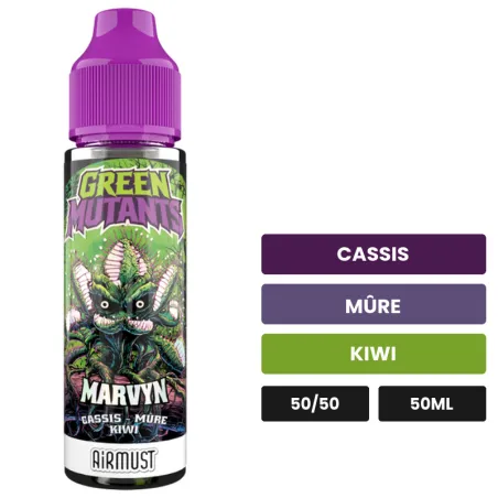 E-liquide Marvyn d'Airmust, 50 ml, saveurs cassis, mûre et kiwi.