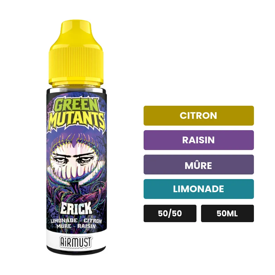 E-liquide Erick d'Airmust, 50 ml, saveurs citron, raisin, mûre et 1 autre.