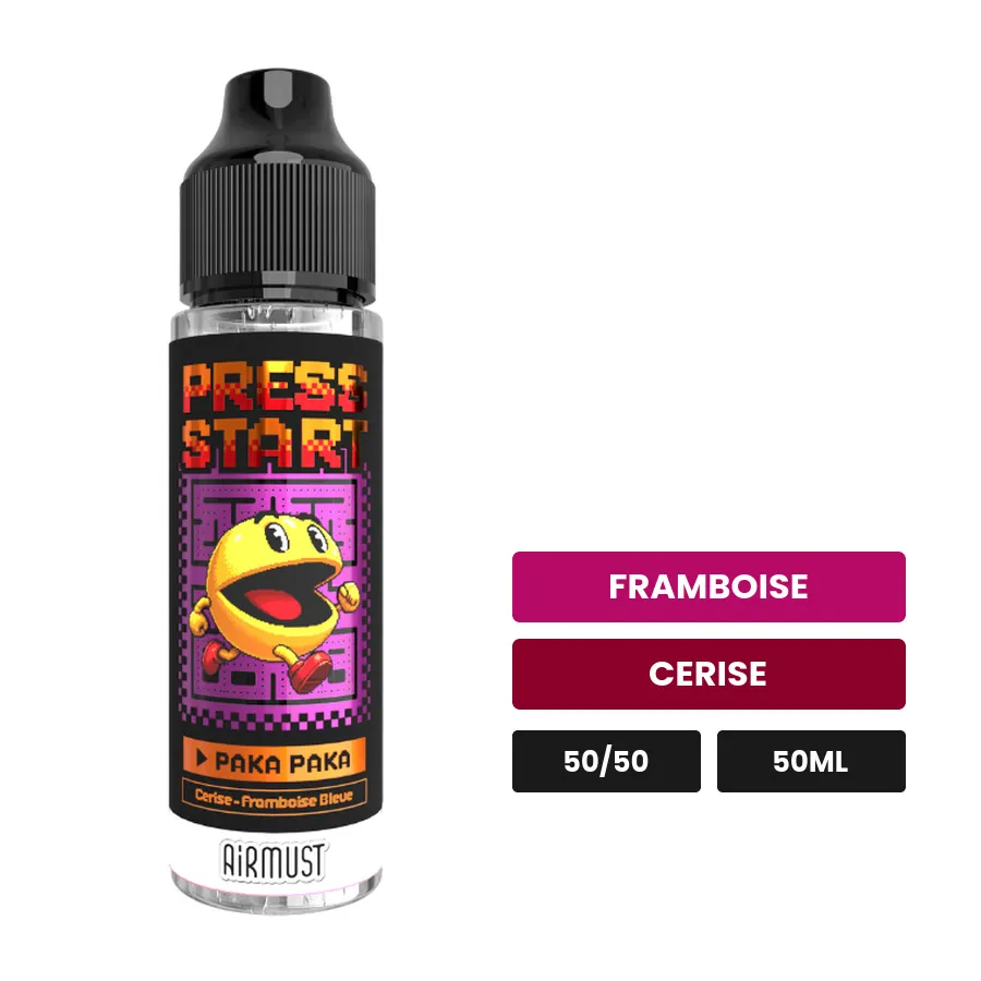 E-liquide Paka Paka d'Airmust, 50 ml, saveurs framboise et cerise.