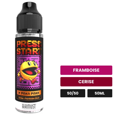 E-liquide Paka Paka d'Airmust, 50 ml, saveurs framboise et cerise.