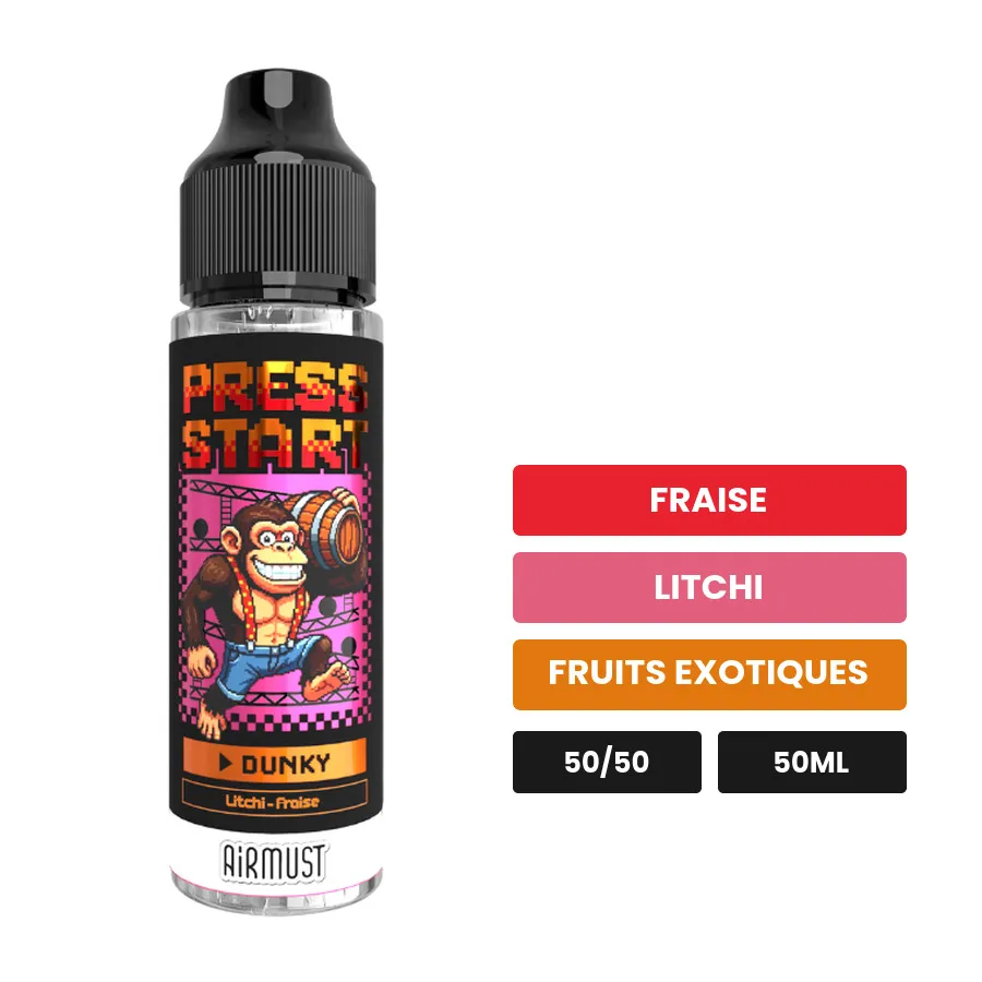 E-liquide Dunky d'Airmust, 50 ml, saveurs fraise, litchi et fruits exotiques.