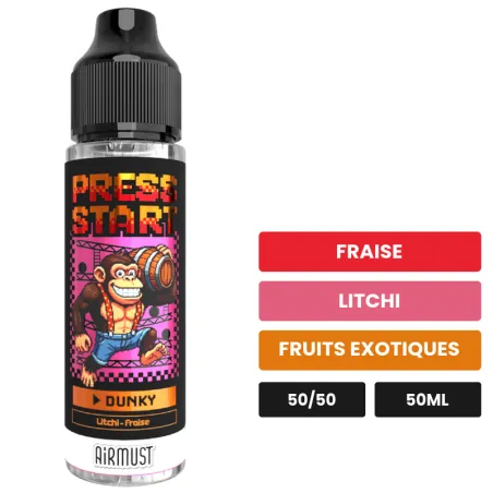 E-liquide Dunky d'Airmust, 50 ml, saveurs fraise, litchi et fruits exotiques.
