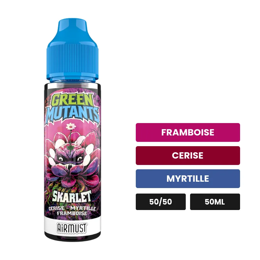 E-liquide Skarlet d'Airmust, 50 ml, saveurs framboise, cerise et myrtille.