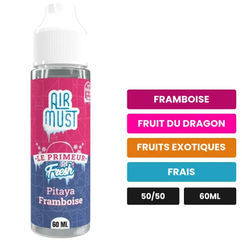 E-liquide Pitaya Framboise d'Airmust, 60 ml, saveurs framboise, fruit du dragon, fruits exotiques et 1 autre.