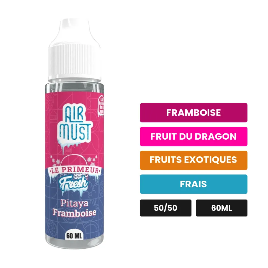 E-liquide Pitaya Framboise d'Airmust, 60 ml, saveurs framboise, fruit du dragon, fruits exotiques et 1 autre.