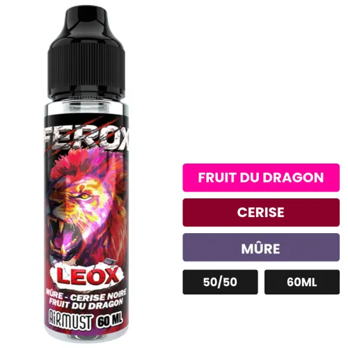 E-liquide Leox d'Airmust, 60 ml, saveurs fruit du dragon, cerise et mûre.