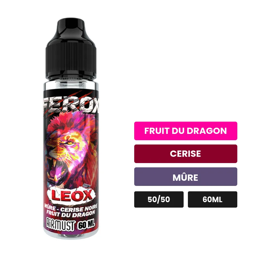 E-liquide Leox d'Airmust, 60 ml, saveurs fruit du dragon, cerise et mûre.