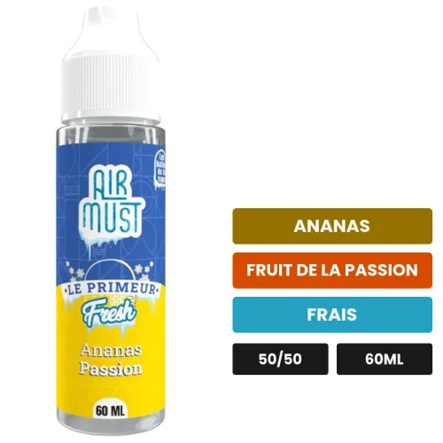 E-liquide Ananas Passion d'Airmust, 60 ml, saveurs ananas, fruit de la passion et frais.