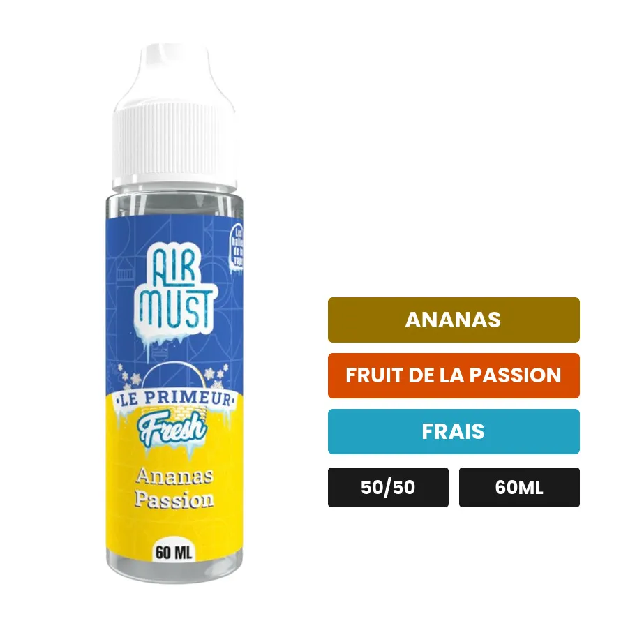 E-liquide Ananas Passion d'Airmust, 60 ml, saveurs ananas, fruit de la passion et frais.