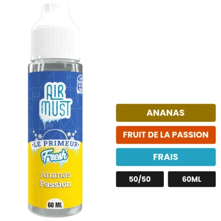 E-liquide Ananas Passion d'Airmust, 60 ml, saveurs ananas, fruit de la passion et frais.