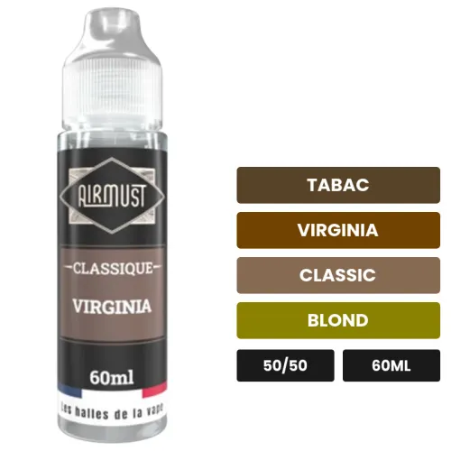 E-liquide Virginia d'Airmust, 60 ml, saveurs tabac, virginia, classic et 1 autre.