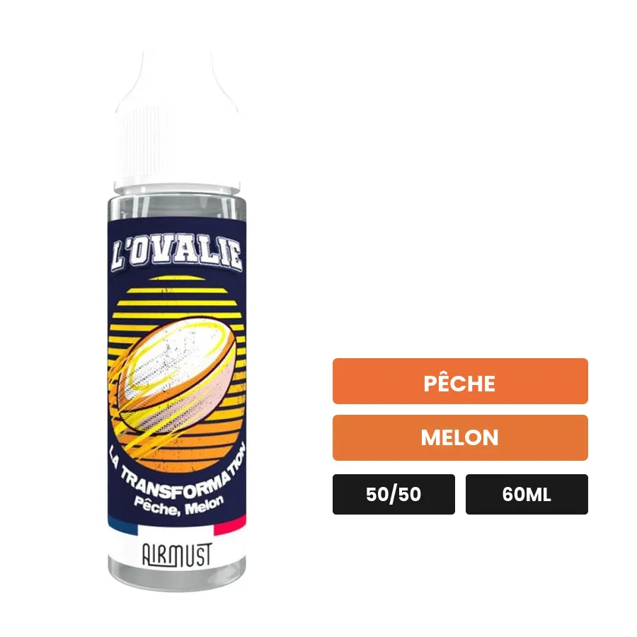 E-liquide Transformation d'Airmust, 60 ml, saveurs pêche et melon.