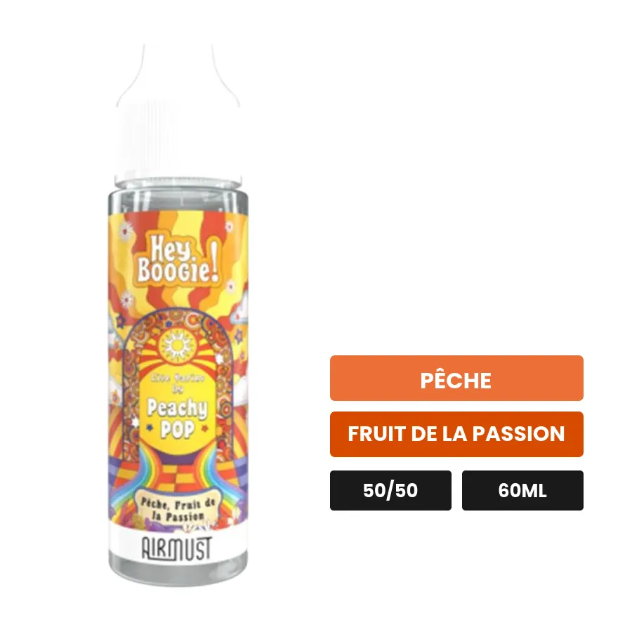 E-liquide Peachy Pop d'Airmust, 60 ml, saveurs pêche et fruit de la passion.