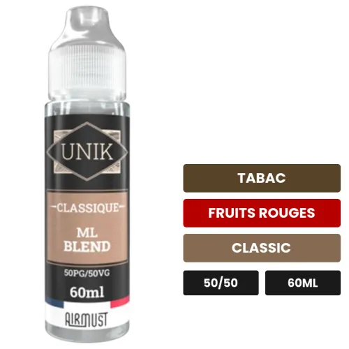 E-liquide ML Blend d'Airmust, 60 ml, saveurs tabac, fruits rouges et classic.