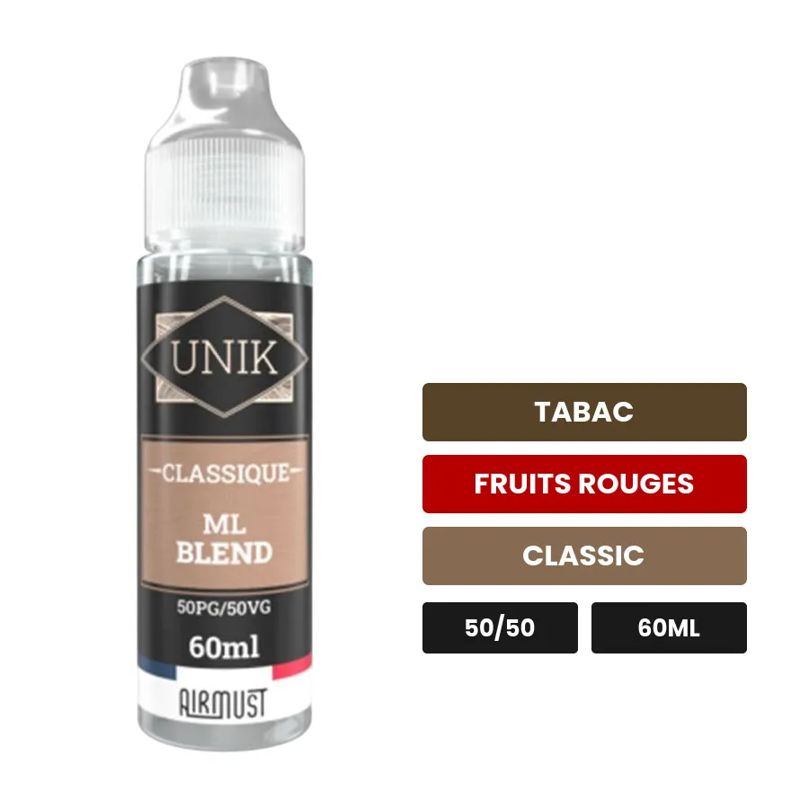 E-liquide ML Blend d'Airmust, 60 ml, saveurs tabac, fruits rouges et classic.