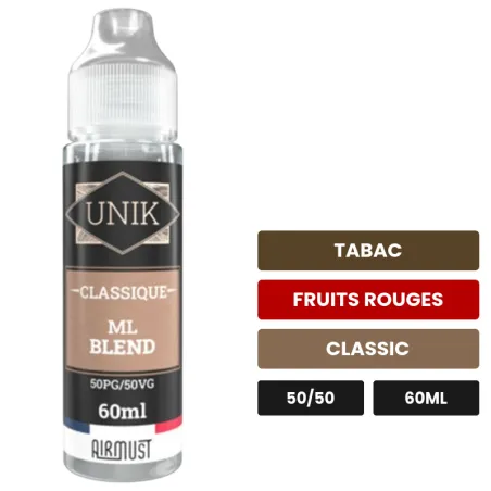 E-liquide ML Blend d'Airmust, 60 ml, saveurs tabac, fruits rouges et classic.