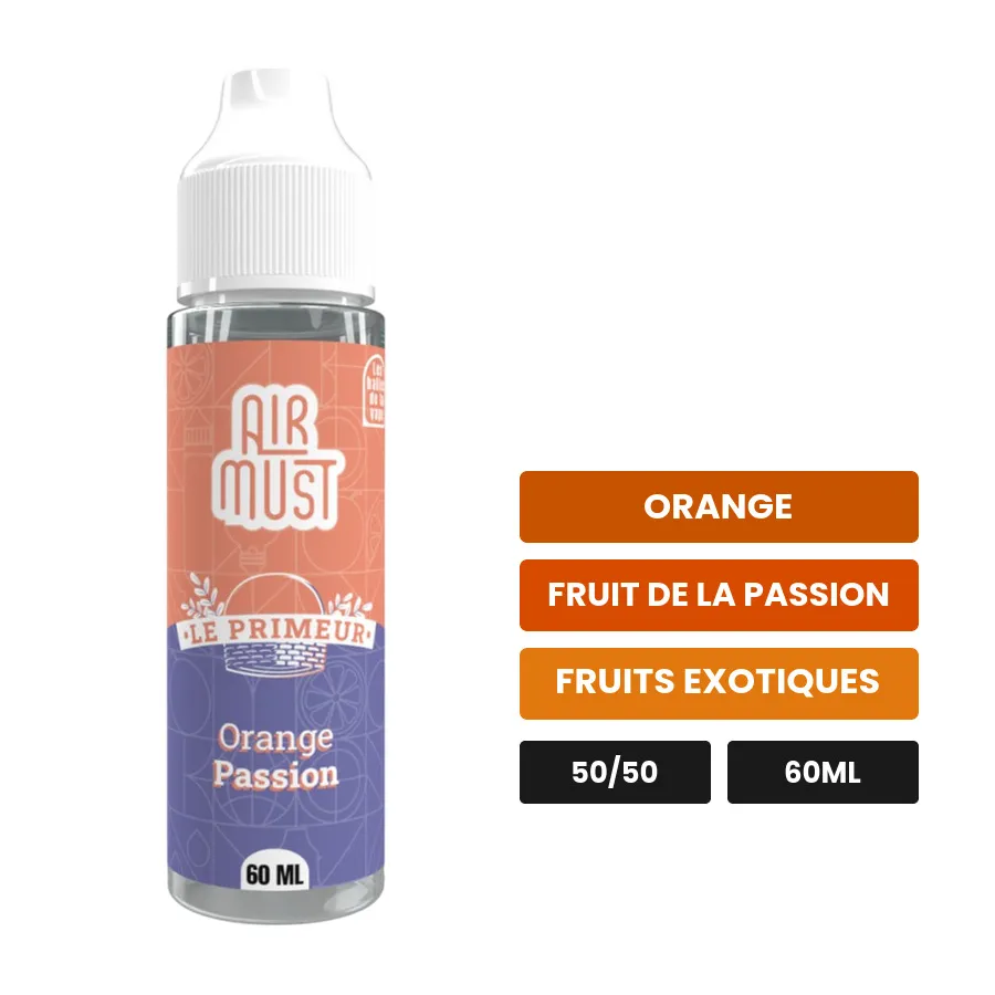 E-liquide Orange Passion d'Airmust, 60 ml, saveurs orange, fruit de la passion et fruits exotiques.