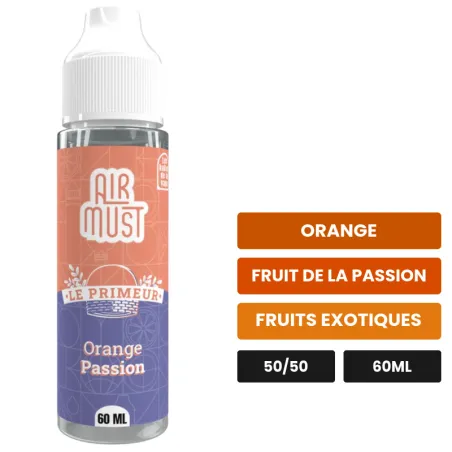 E-liquide Orange Passion d'Airmust, 60 ml, saveurs orange, fruit de la passion et fruits exotiques.