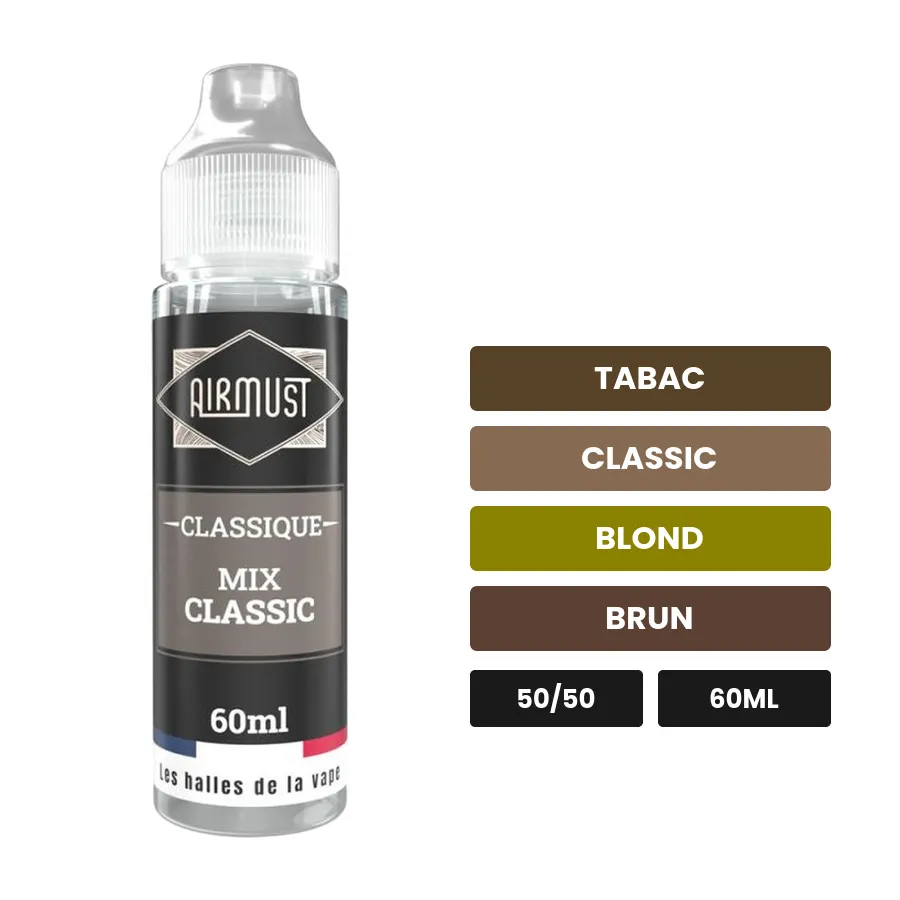 E-liquide Mix Classic d'Airmust, 60 ml, saveurs tabac, classic, blond et 1 autre.