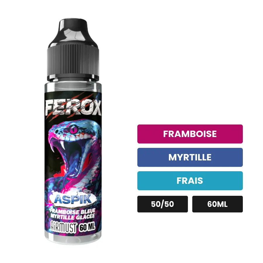 E-liquide Aspik d'Airmust, 60 ml, saveurs framboise, myrtille et frais.