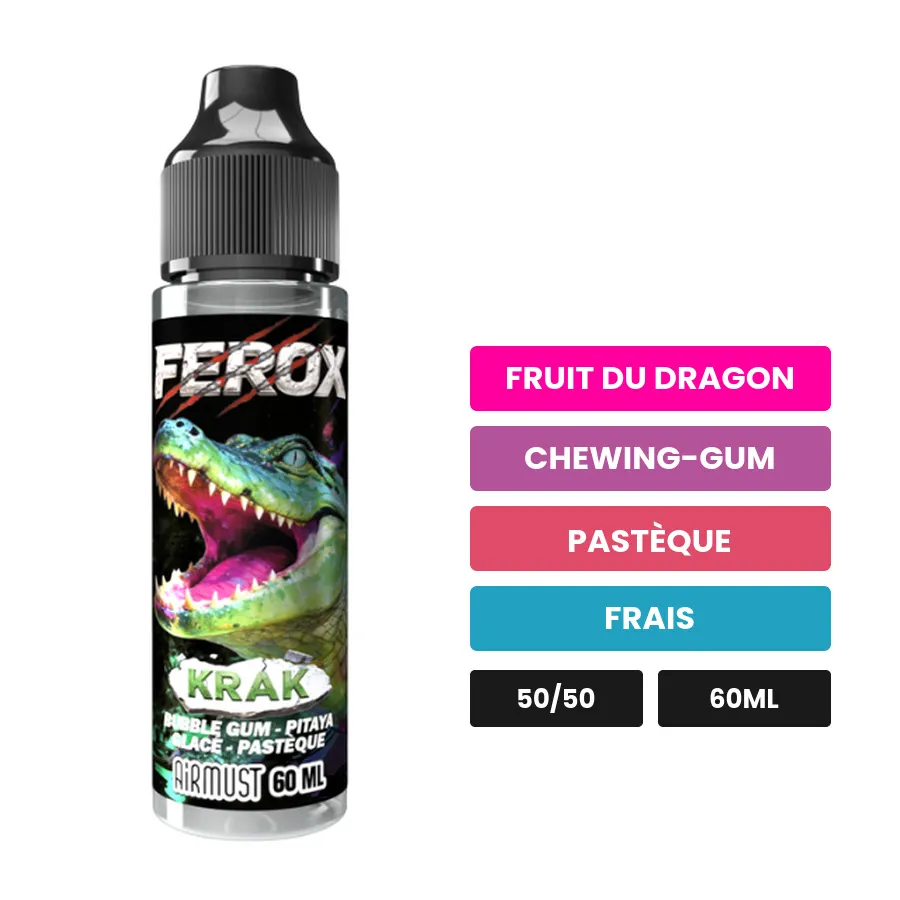 E-liquide Krak d'Airmust, 60 ml, saveurs fruit du dragon, chewing-gum, pastèque et 1 autre.