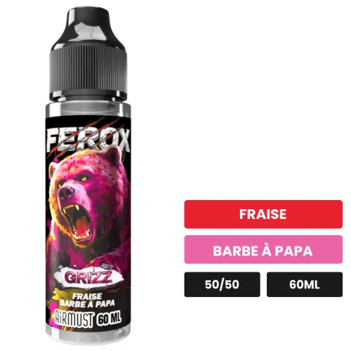E-liquide Grizz d'Airmust, 60 ml, saveurs fraise et barbe à papa.