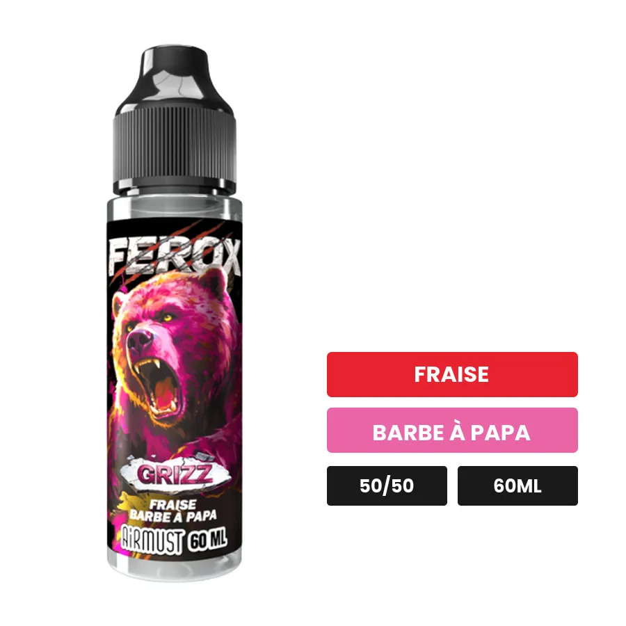 E-liquide Grizz d'Airmust, 60 ml, saveurs fraise et barbe à papa.