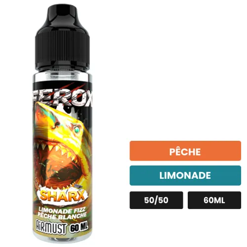 E-liquide Sharx d'Airmust, 60 ml, saveurs pêche et limonade.