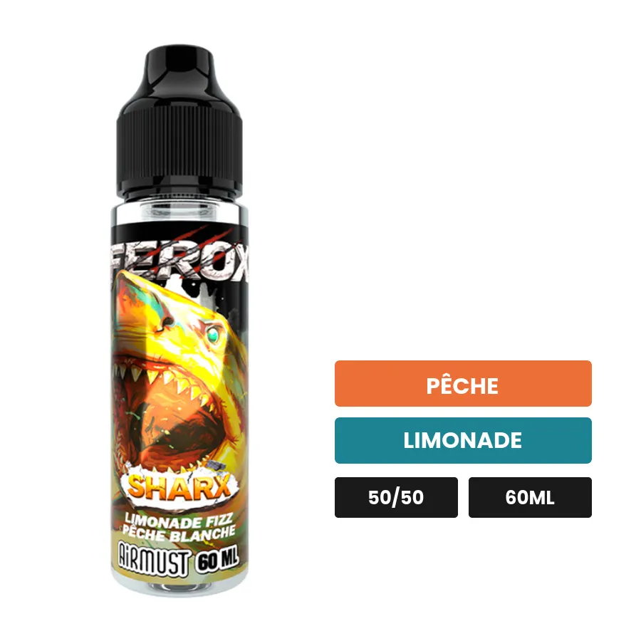E-liquide Sharx d'Airmust, 60 ml, saveurs pêche et limonade.
