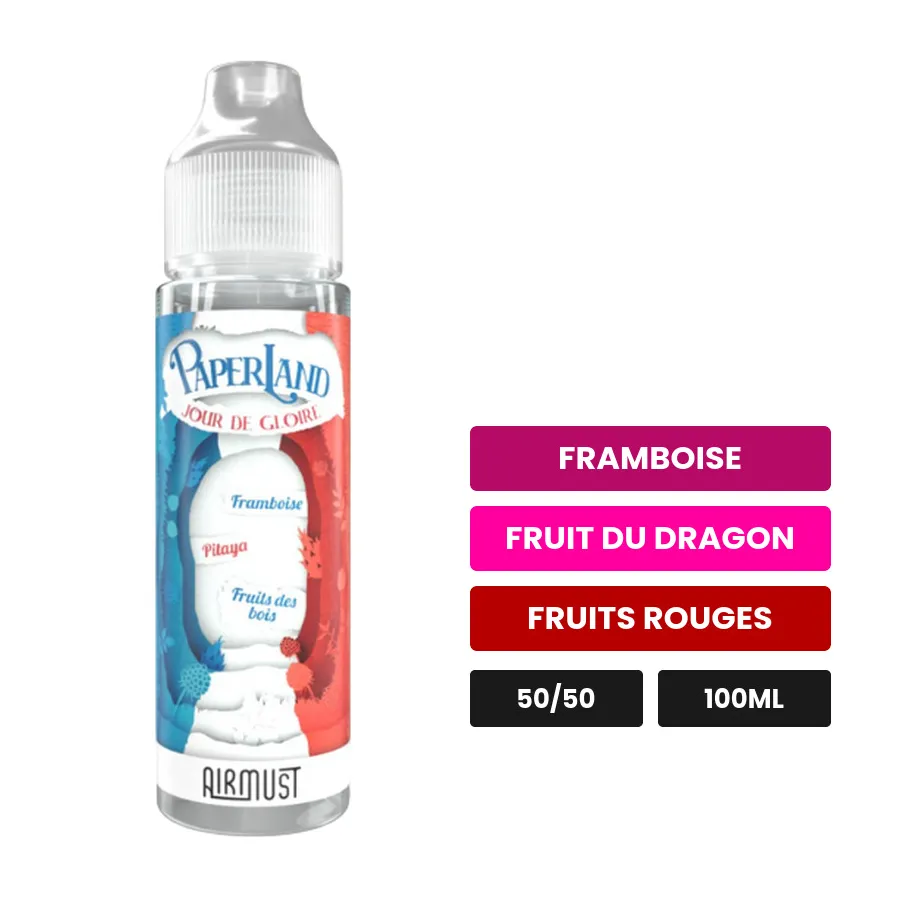E-liquide Jour de Gloire d'Airmust, 100 ml, saveurs framboise, fruit du dragon et fruits rouges.