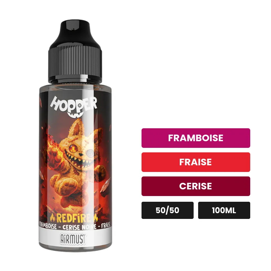 E-liquide Redfire d'Airmust, 100 ml, saveurs framboise, fraise et cerise.