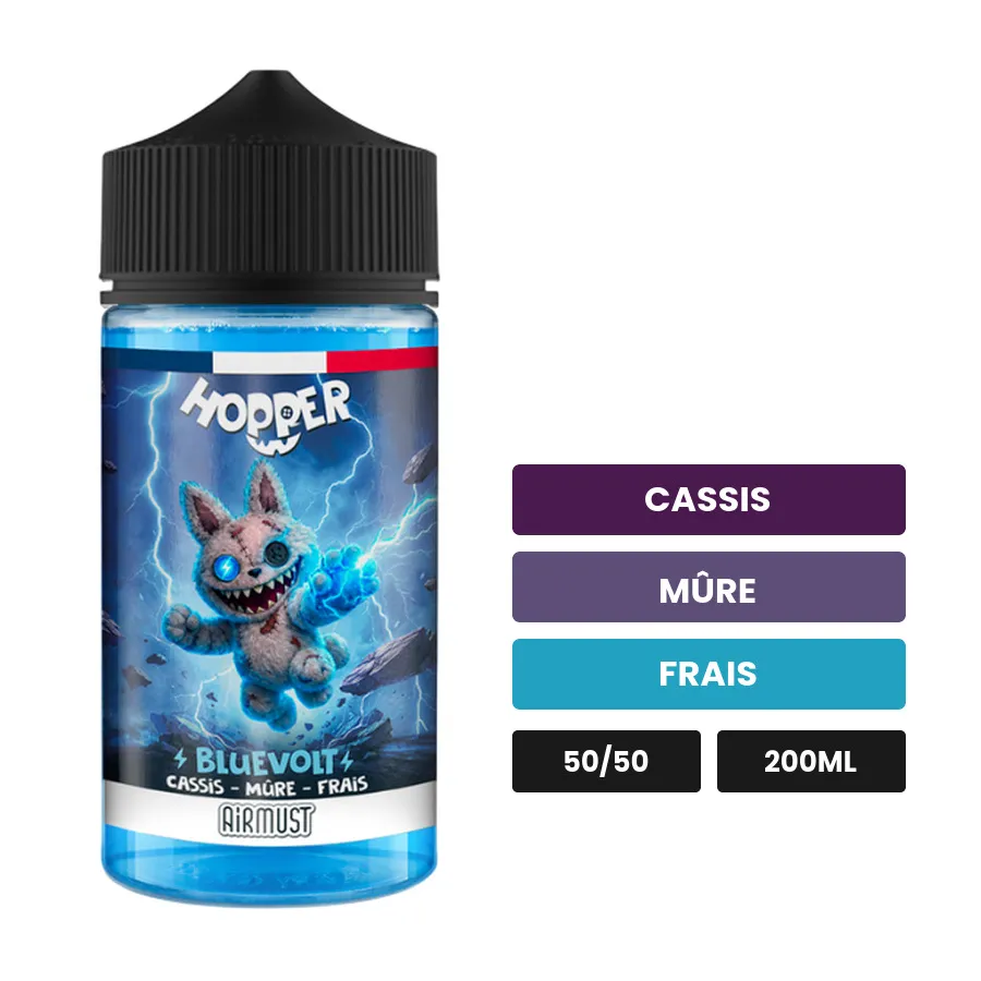 E-liquide Bluevolt d'Airmust, 200 ml, saveurs cassis, mûre et frais.