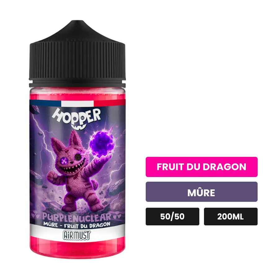 E-liquide Purplenuclear d'Airmust, 200 ml, saveurs fruit du dragon et mûre.