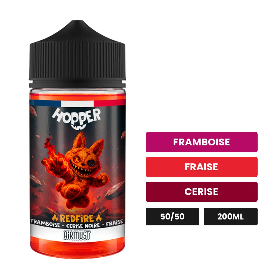 E-liquide Redfire d'Airmust, 200 ml, saveurs framboise, fraise et cerise.