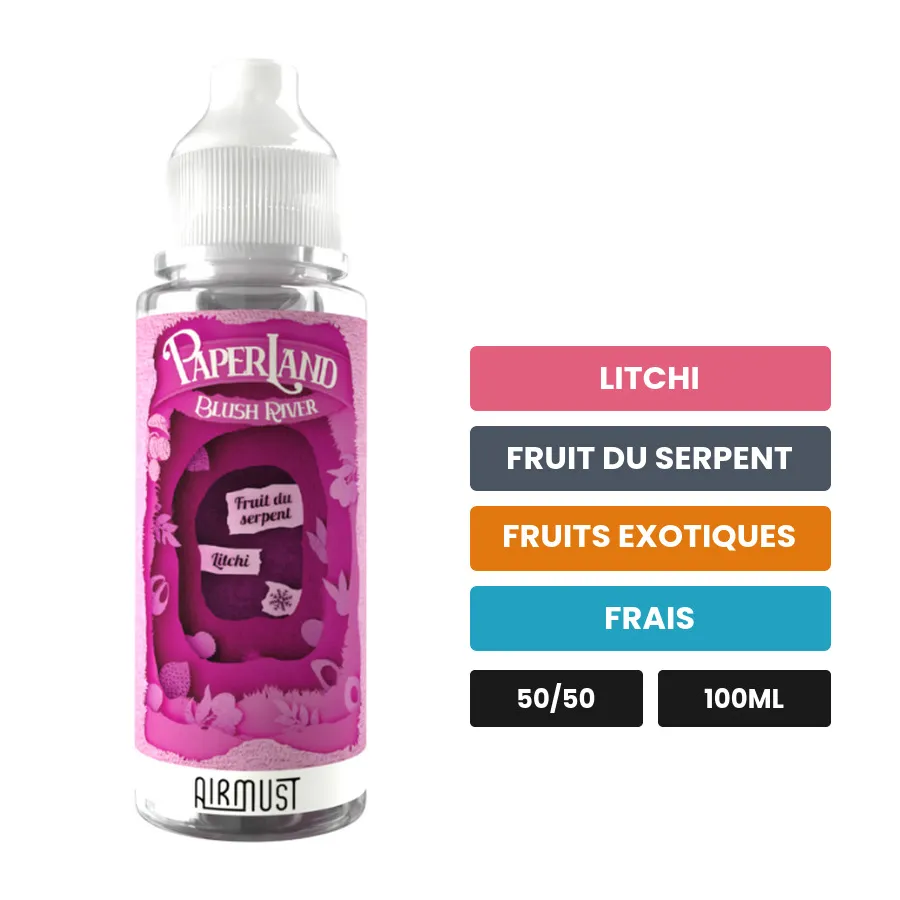 E-liquide Blush River d'Airmust, 100 ml, saveurs litchi, fruit du serpent, fruits exotiques et 1 autre.